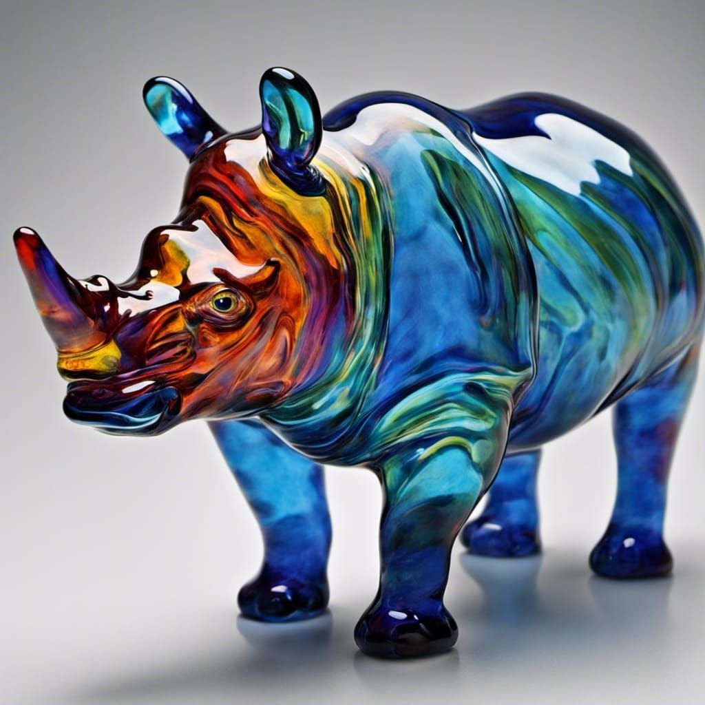 “Whimsical blown glass rhinoceros, vibrant, playful, highly detailed