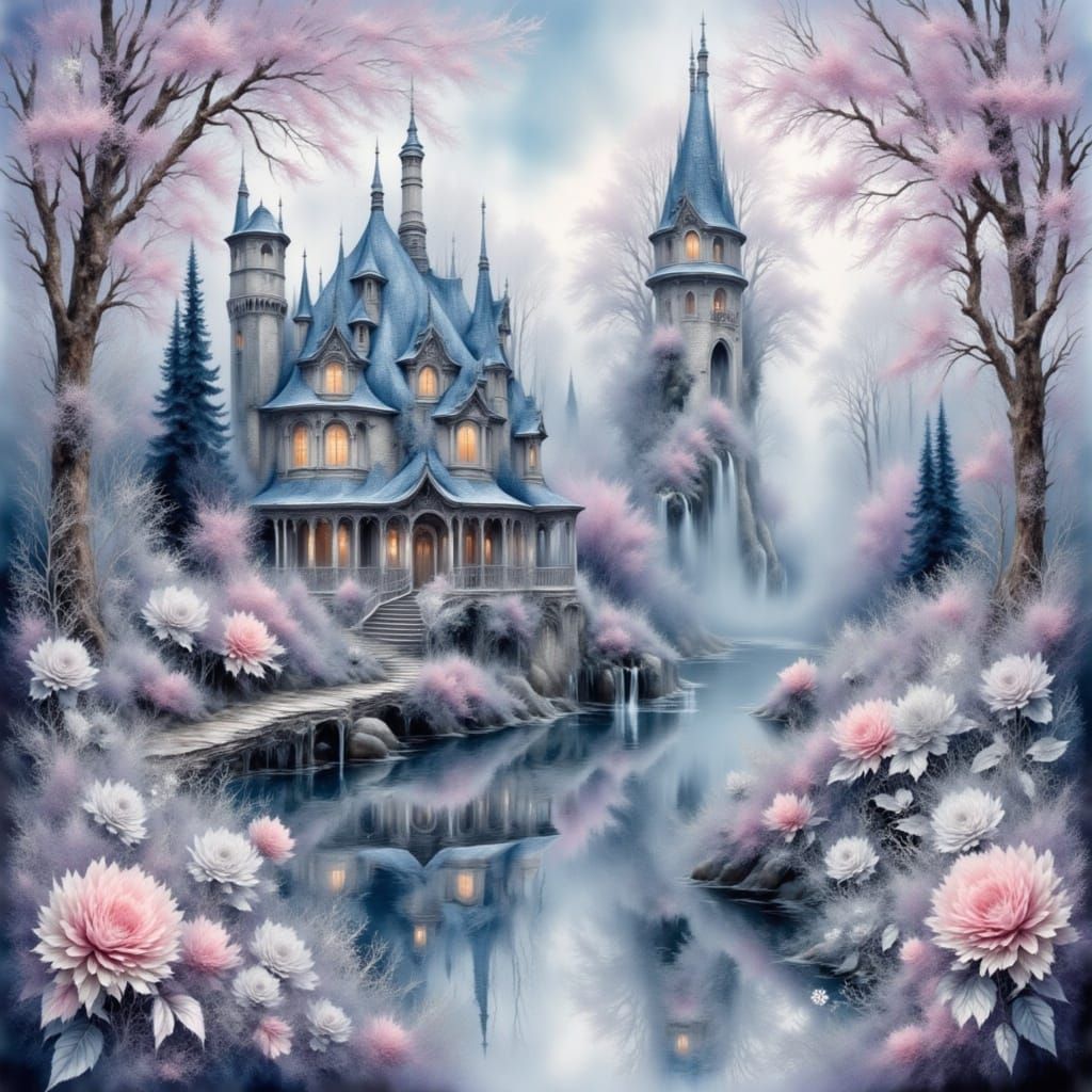 <lora:Dreamy Intensity:1.0> Ethereal watercolor alcohol ink Renaissance oil painting fantasy mansion with waterfalls in pastel blue pink lil...