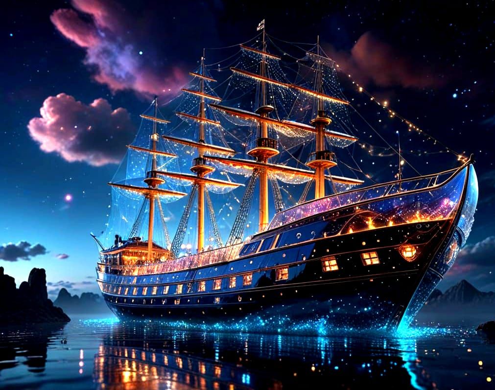 Romantic Glass Ship at Night in a Magical Environment