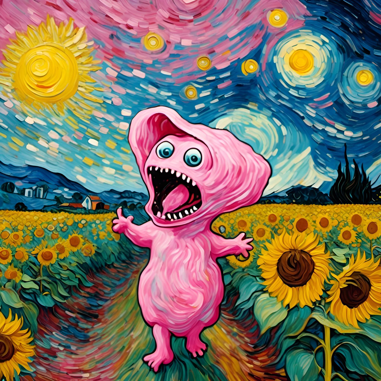 A pink Alien Screams in a Sunflower Field Faux Van Gogh