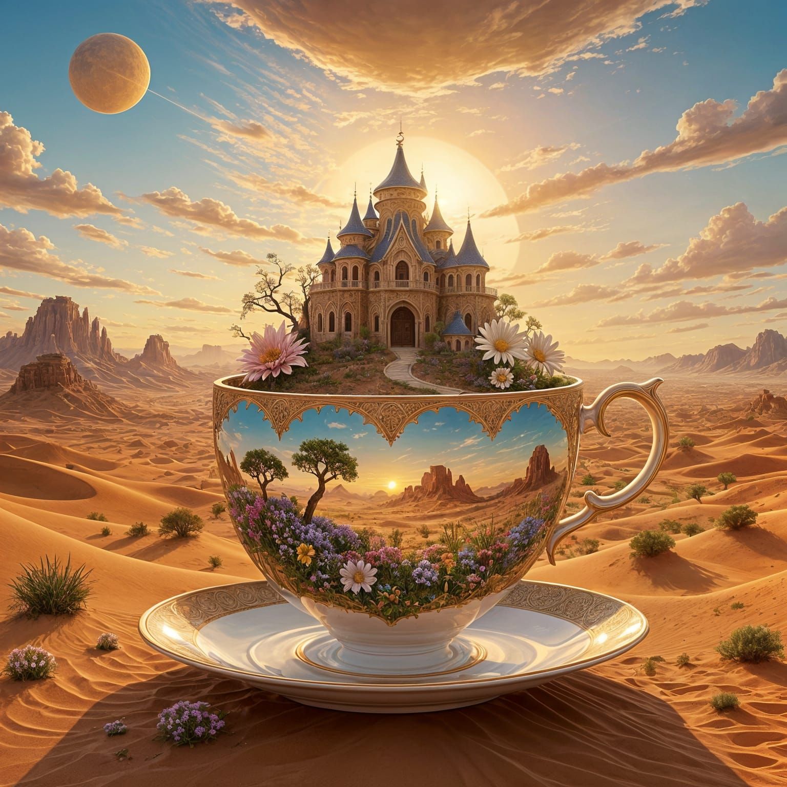 Highly creative. Digital painting. A colossal, whimsical teacup, large enough to contain a small village, sits serenely in a vast, alien des...