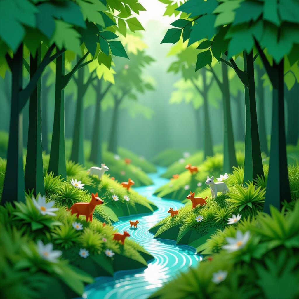 A miniature world meticulously crafted from folded paper, depicting a dense, emerald forest with tiny origami animals and a winding paper st...