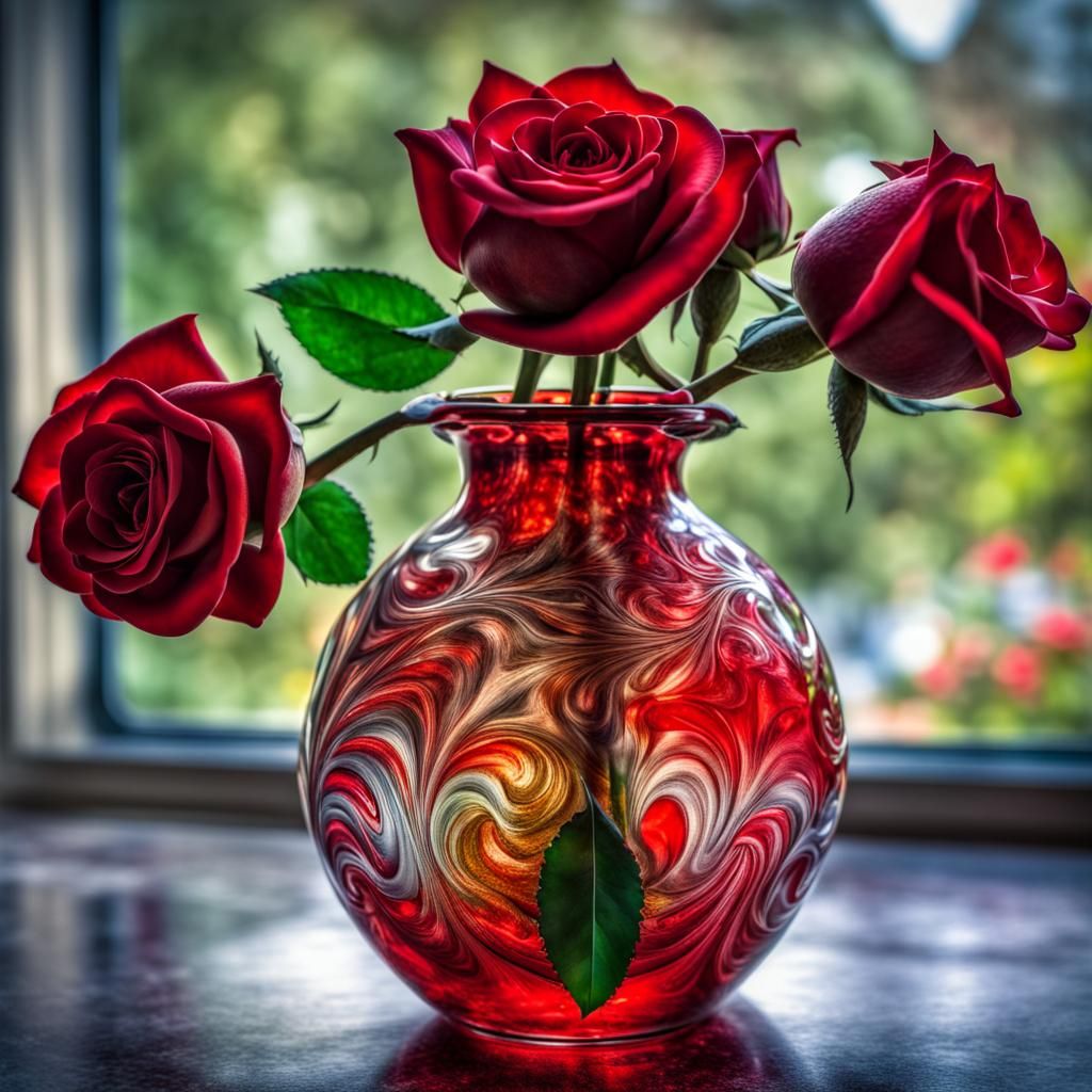 red roses in a vase made of colored Venetian glass, fantasy ...