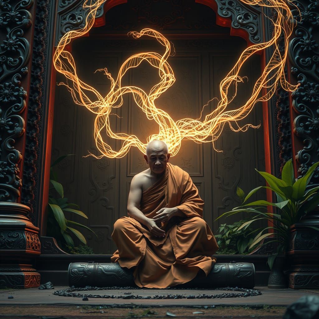 Ethereal Monk Surrounded by Nature and Desire