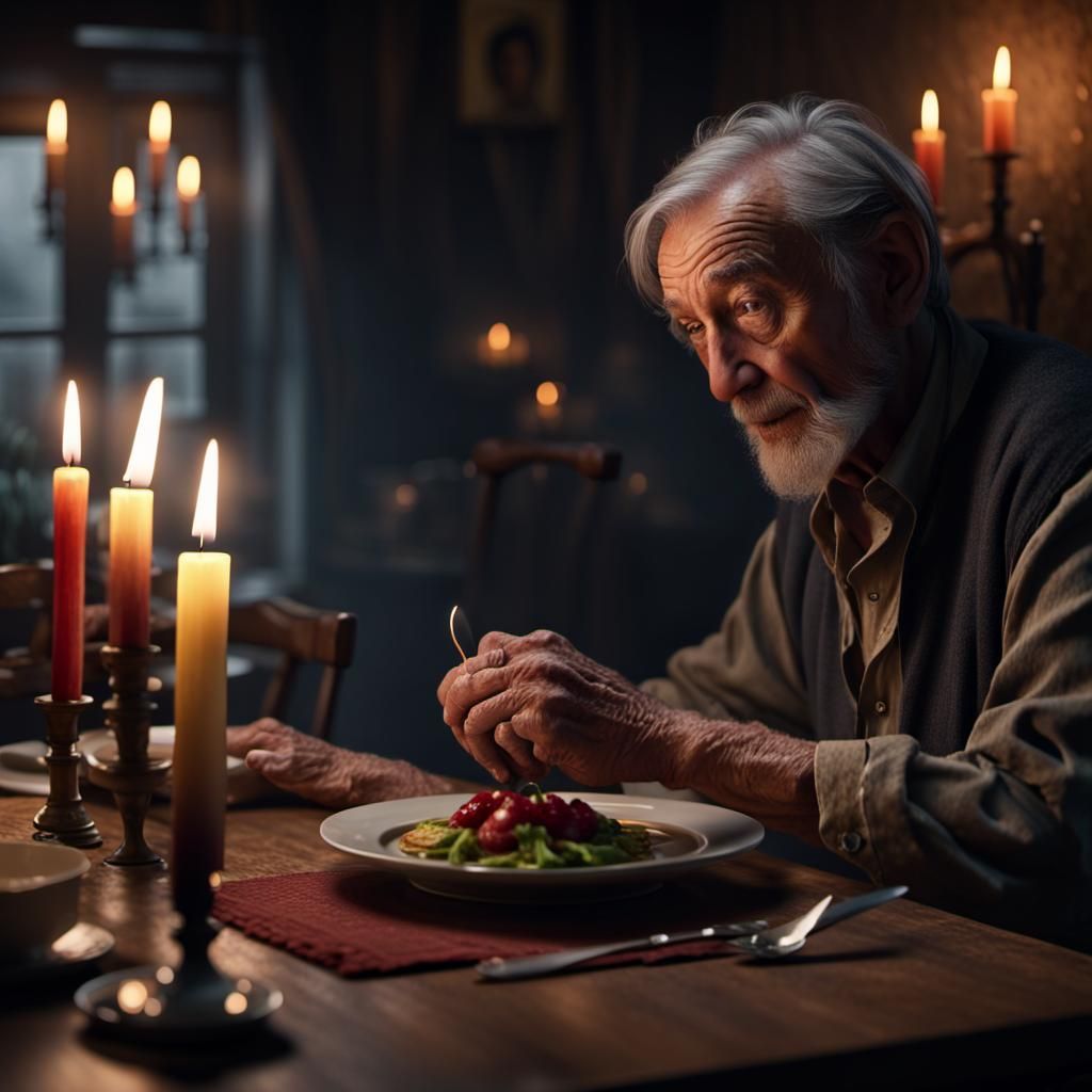 Sad widowed old man eating alone by candlelight.  by @Thunderbuzz