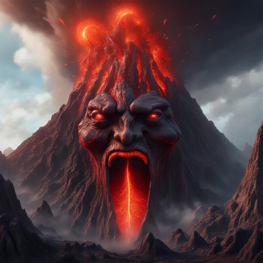 A volcano with face eyes nose and a mouth in pain