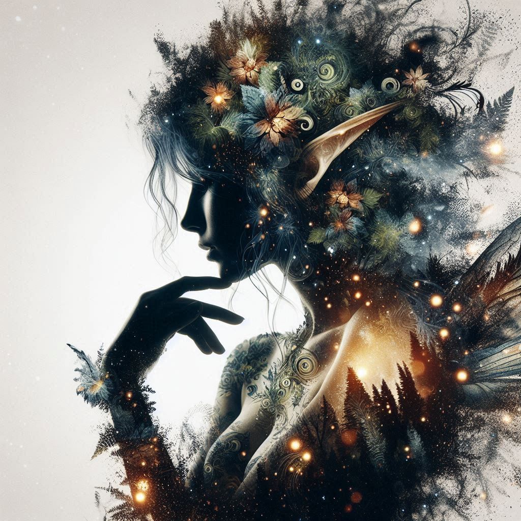 double exposure beautiful fantasy DALL-E 3 portrait landscape..