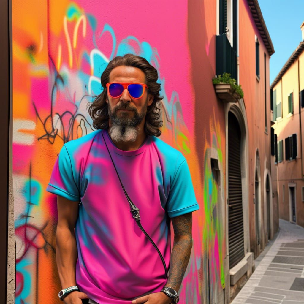 Leonardo DiVinci as a graffiti artist in urban Venice. Neon ...