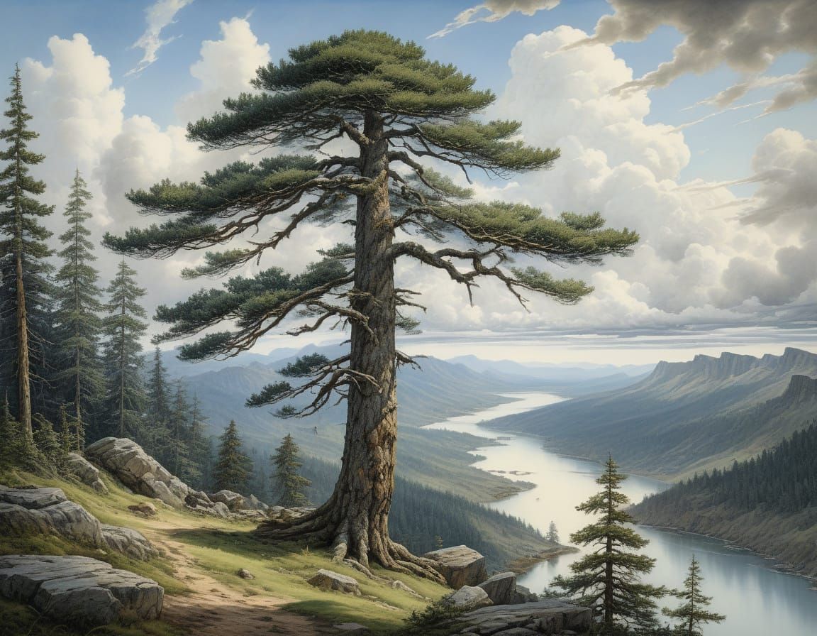 Majestic Pine Tree Oil Painting in Hyperrealistic Style
