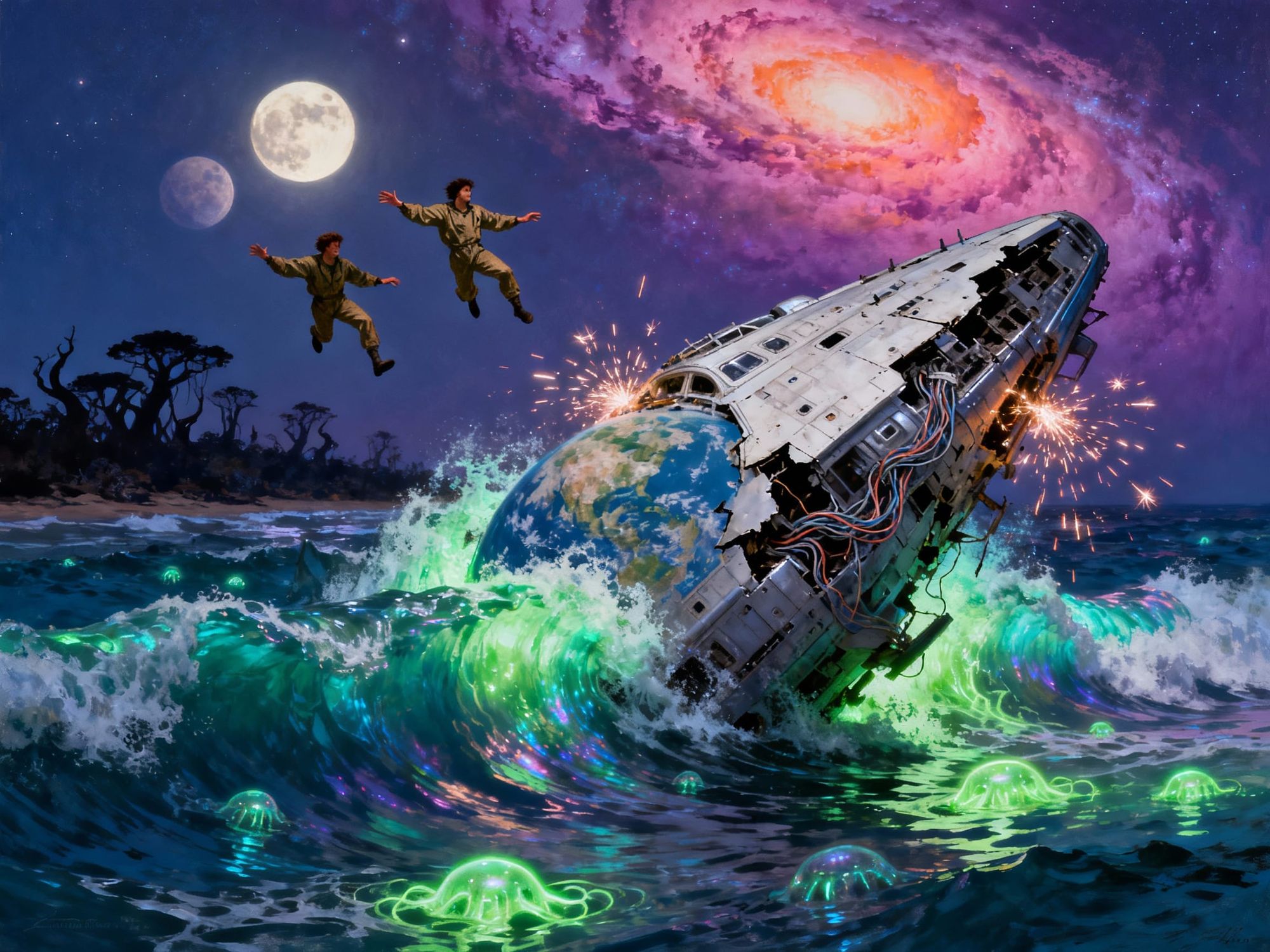 a small spacecraft from Earth crashed on in the glowing surf of an alien world, just shy of the shore. The dark shoreline stretches away int...