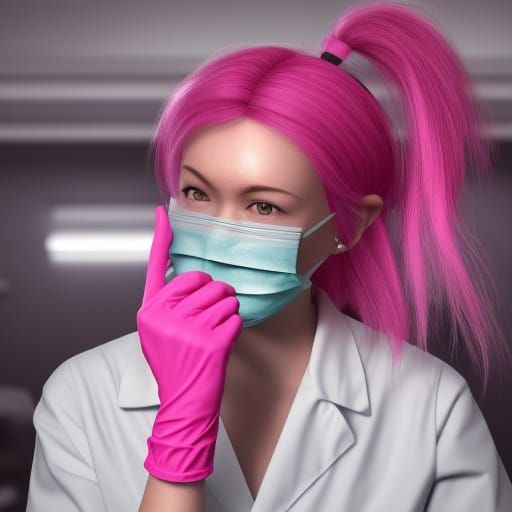 Female dentist with Pink hair wearing gloves and a surgical ...