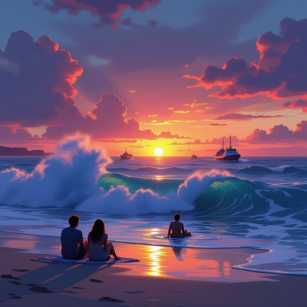 Sunset Sea with Waves in Cinematic Style