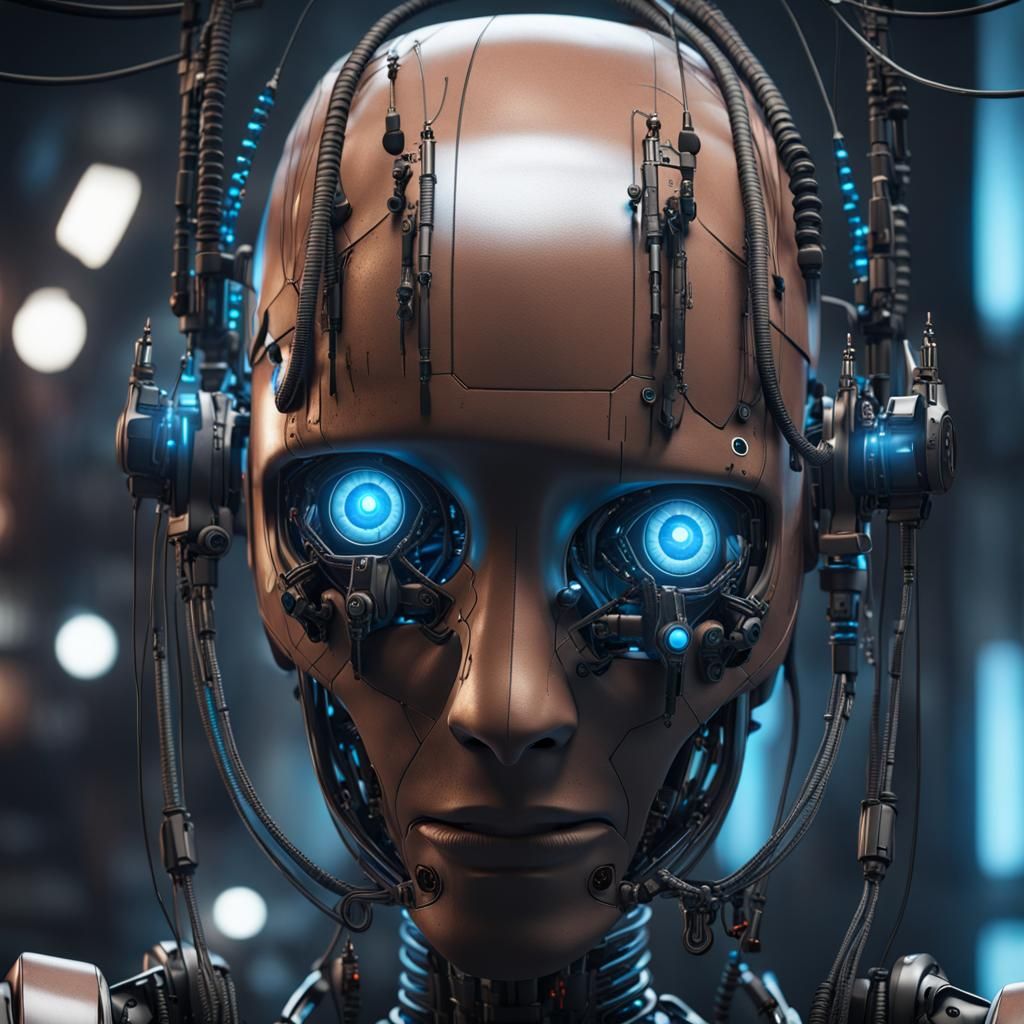 a close up of a robot with blue glowing eyes and a head of w...