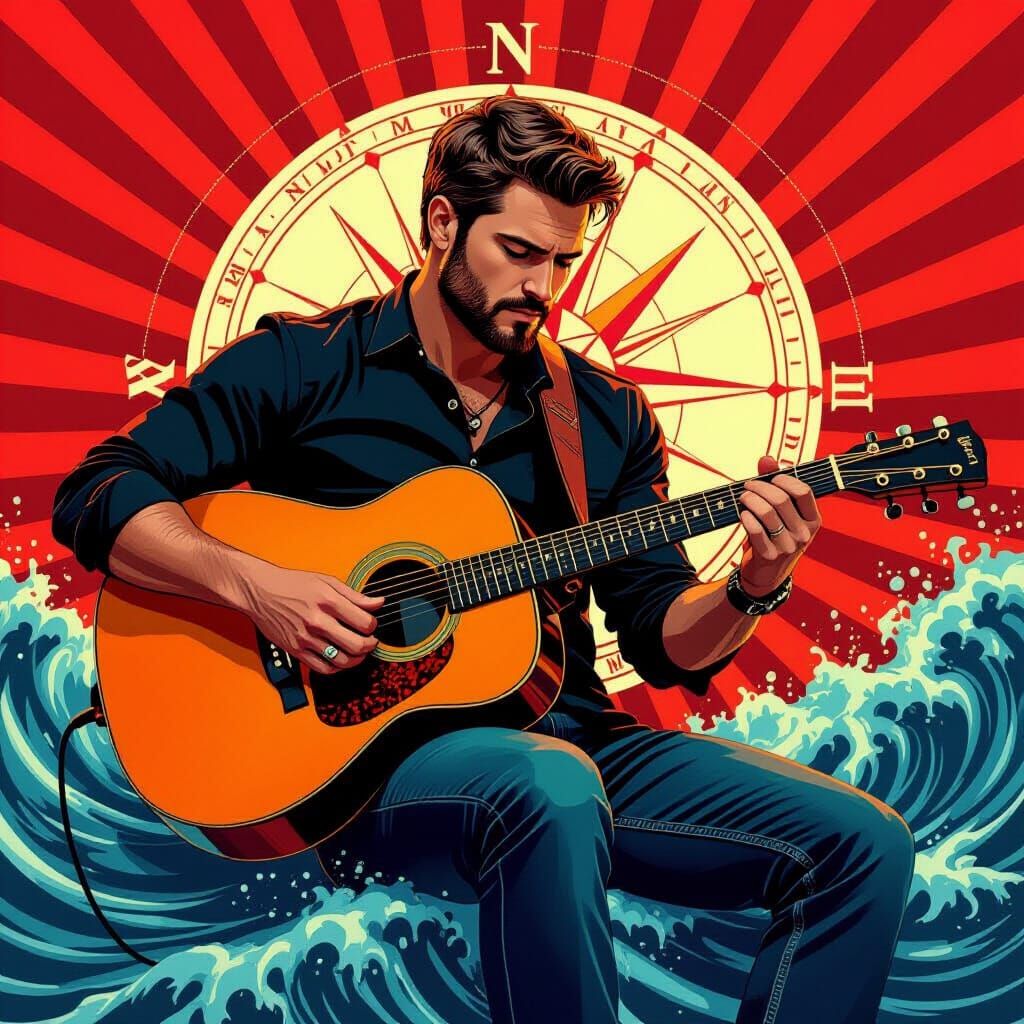 Man Plays Compass Guitar with Graphic Design Elements