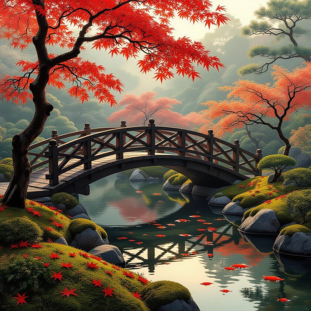 Tranquil Autumn Japanese Garden with Koi Pond