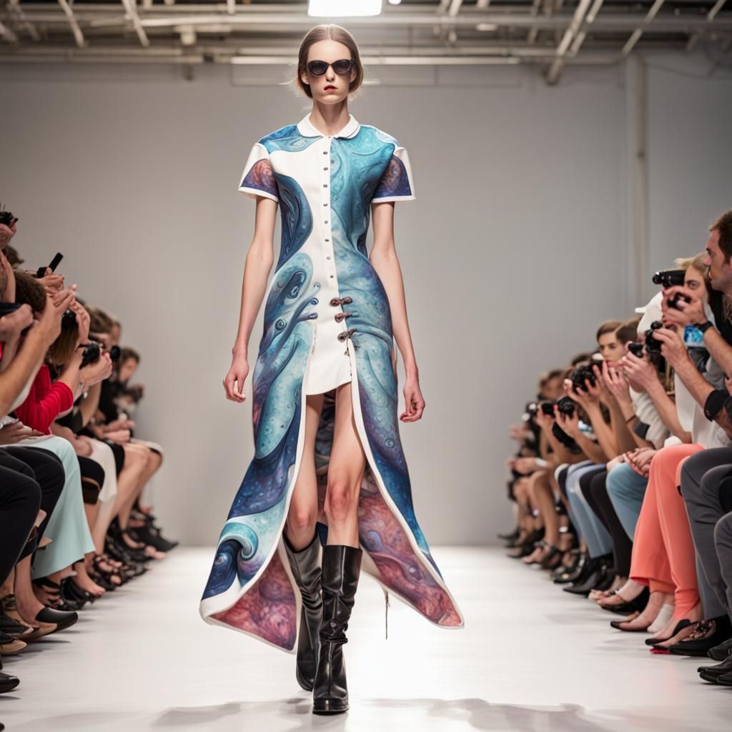 A fashion runway show with clothes inspired by squids photorealistic ...