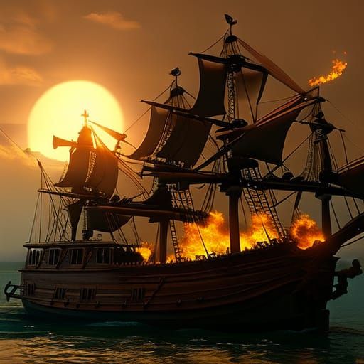 Pirate ship attacking a merchent ship, 18th century, cannons firing   by @Marc Van Pelt