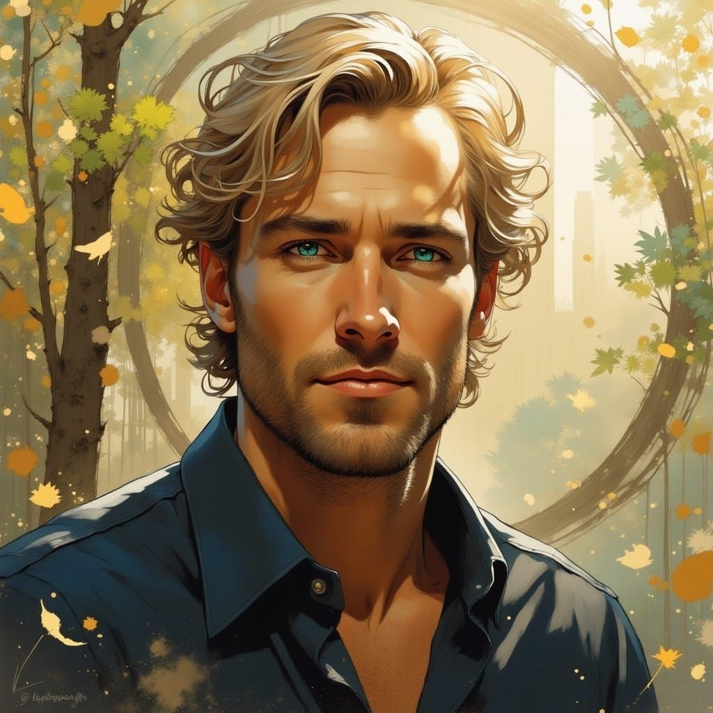 handsome masculine older blonde male portrait, shy smile, dark shirt, spring background by Steve Hanks, Ismail Inceoglu <lora:Flux-Inked:1.0...