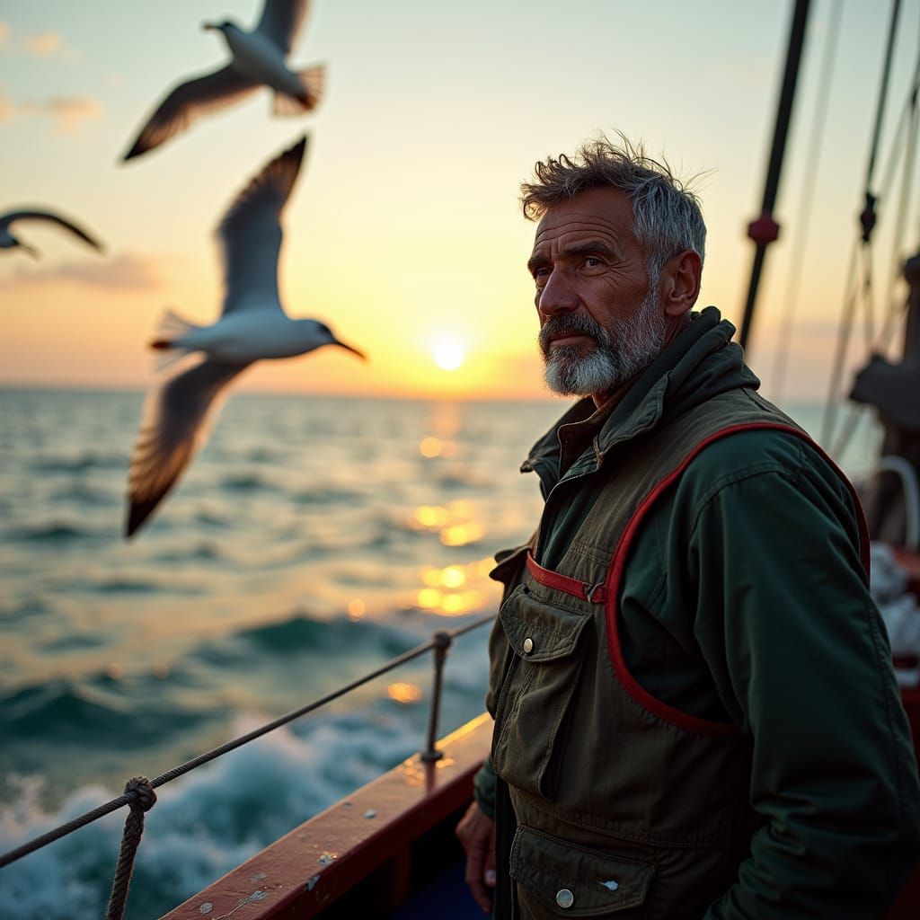 Fisherman and Seagulls at Sunset, Documentary Style
