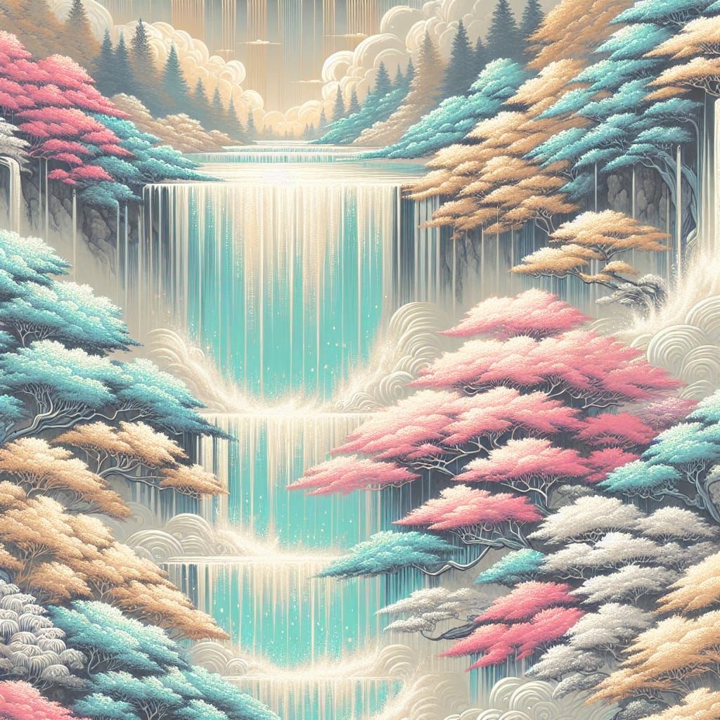 Golden Waterfall in Radiant Japanese Noble Landscape