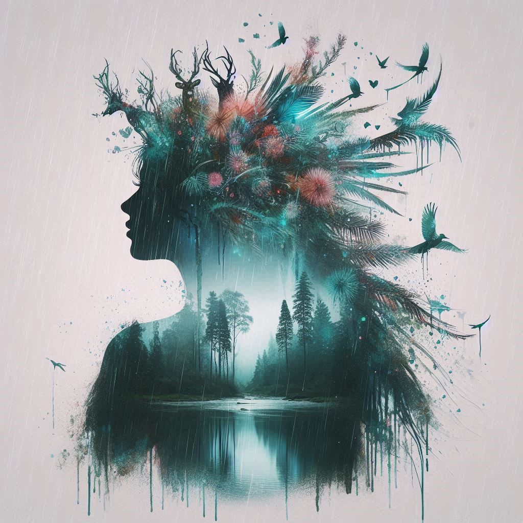 double exposure beautiful fantasy DALL-E 3 portrait landscape..