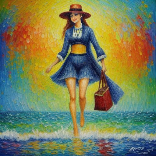 Bikini Model in Neo-Impressionist Seascape Oil Painting