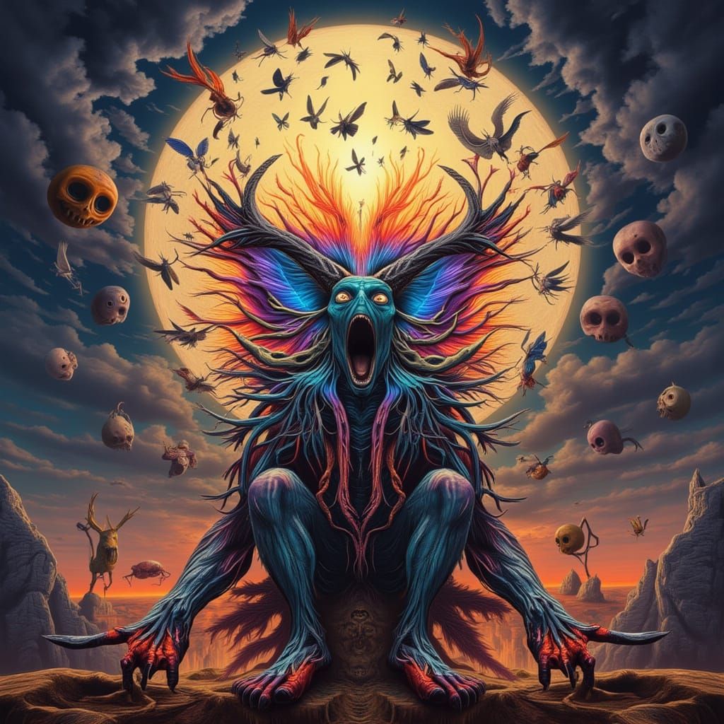 <lora:farm horror:1.0> vivid Medium shot of a muscular Man <lora:steveface1:1.5>with extra hyperrealistic eyes dressed as a mutation between...