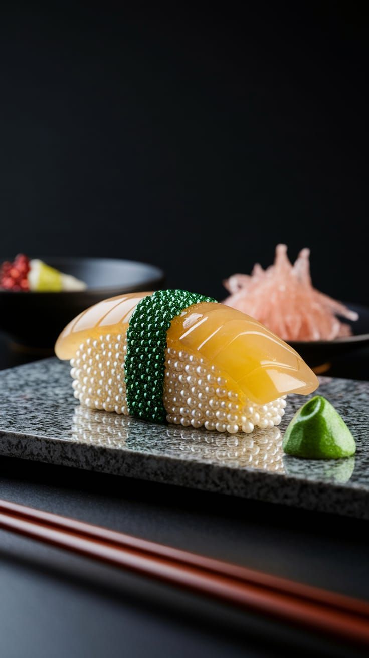 Sushi made out of gemstones. The Rice made out of pearls. Seaweed (nori)as dark jade, yellow tail fish ...  by @Showy