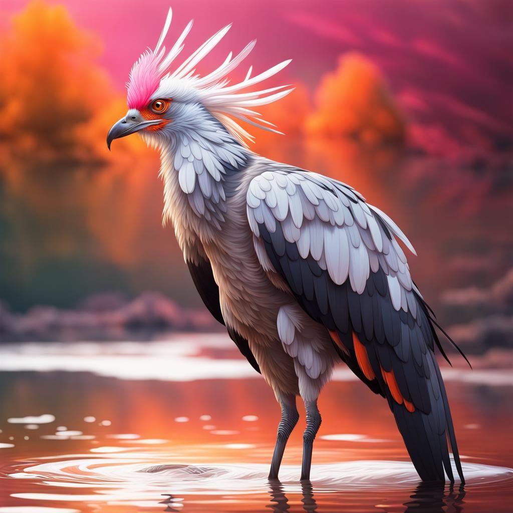Secretary bird with pink and orange feathers standing in a r...