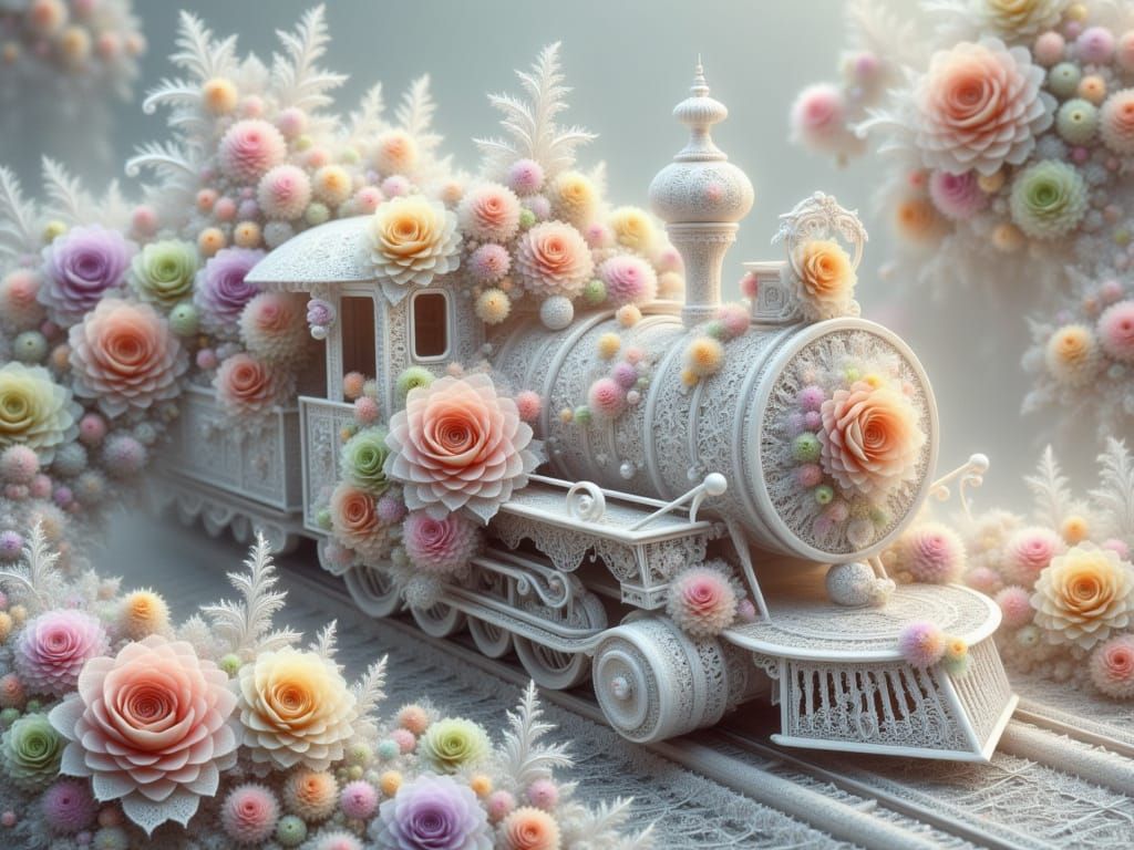 <lora:FiosFractalLace:1.0> White lace Floral Steam Train
