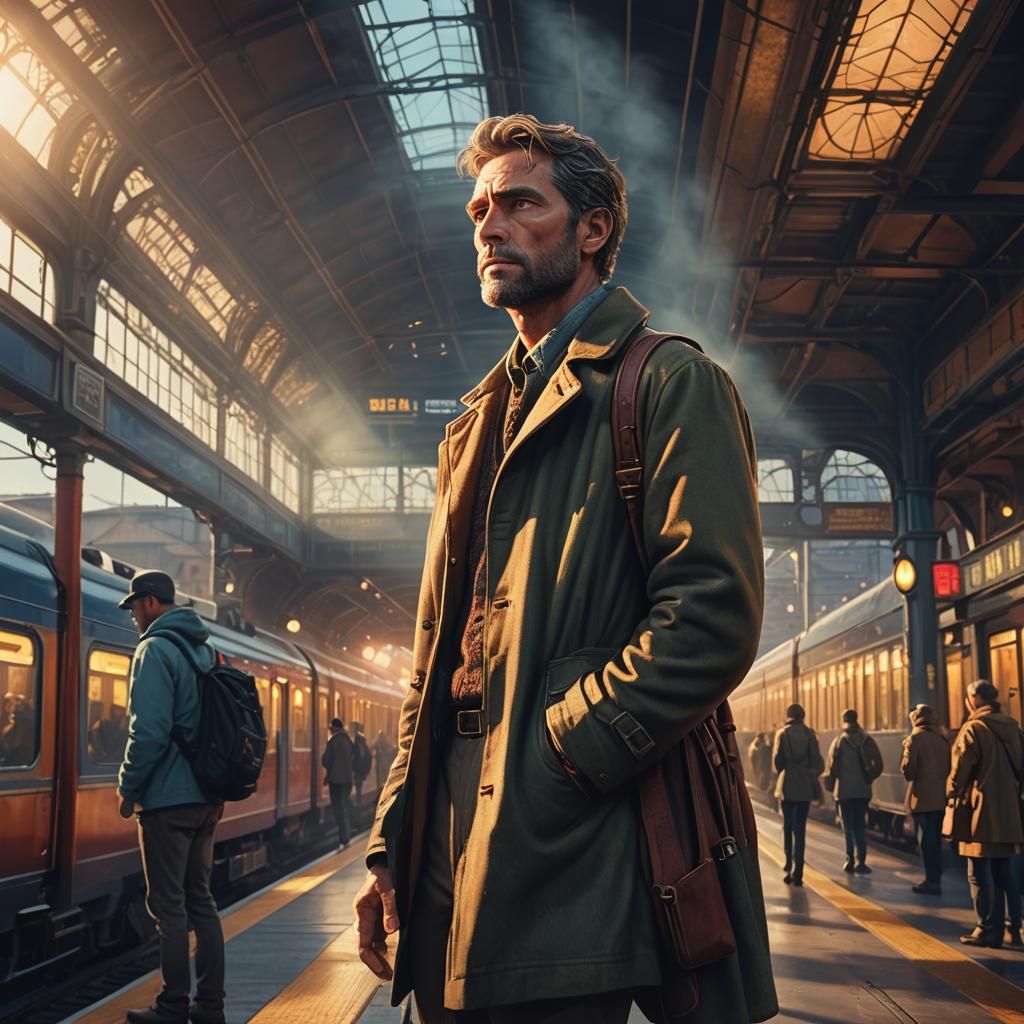 Man at Mystical Train Station, Matte Painting