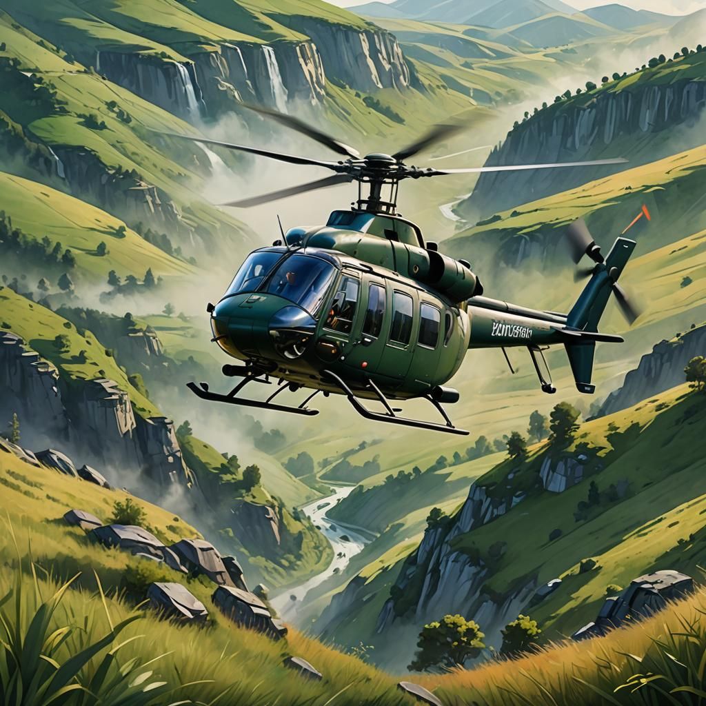 A storybook illustration sketch  of a helicopter hovering lo...