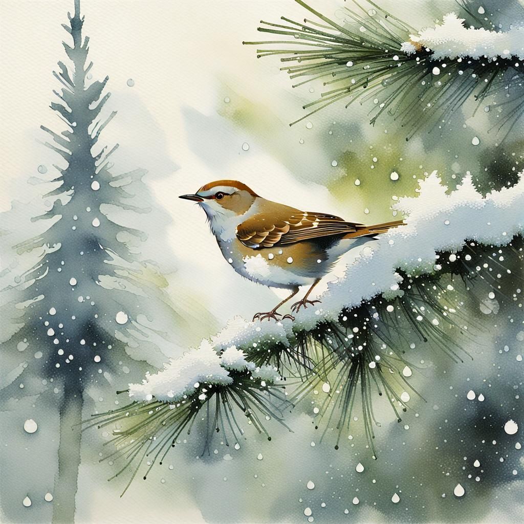 Close-up of a nightingale on a pine with snow