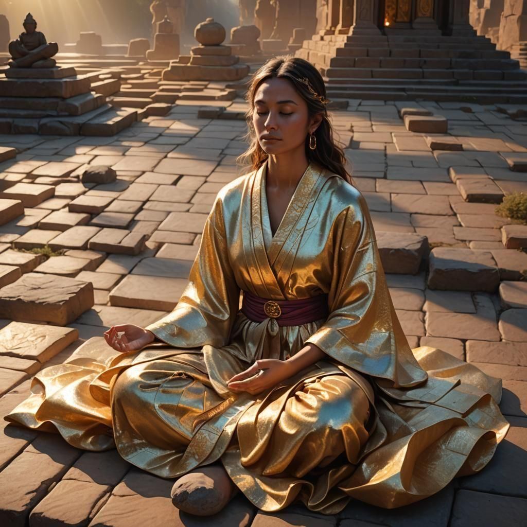 a woman sitting and meditating in a square with gram, contemplating the sunrise
