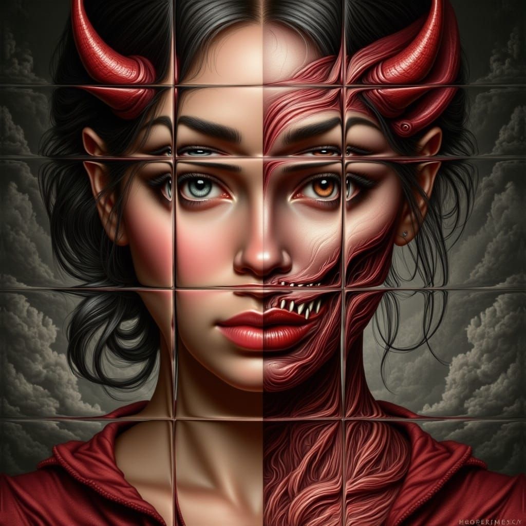 <lora:-Diabolical-:1.0>  a hyperrealistic image of a attractive woman in the style of Simon Bisley with a sinister mood and a more sinister...