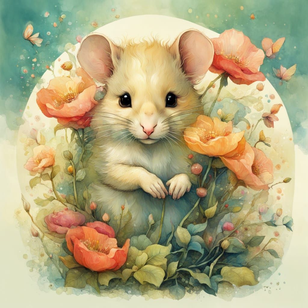 TINY ADORABLE DORMOUSE with flowers in full bloom under a rainbow. ANNA DITTMANN, VICTO NGAI  by @Daleone