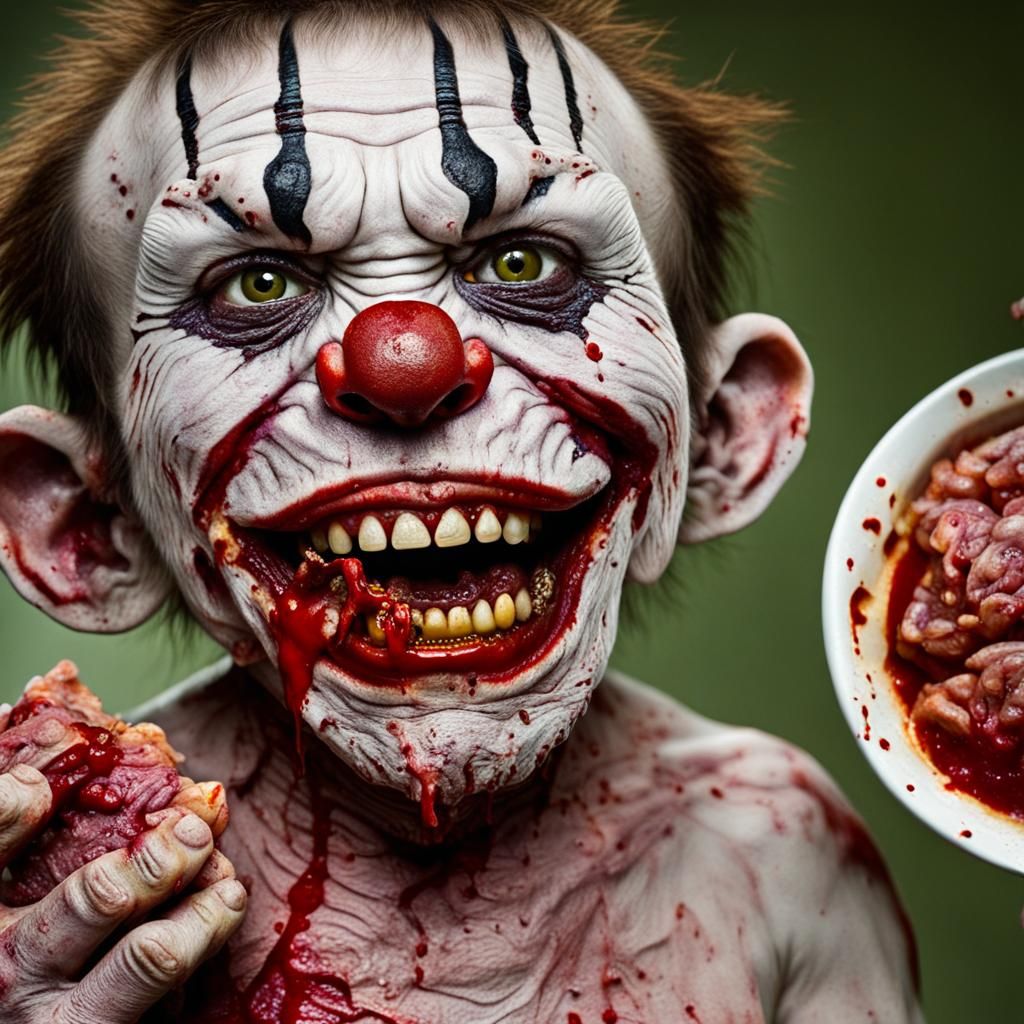 Zombie Monkey Monster Clown Toddler Eating Raw Bloody Meat A...