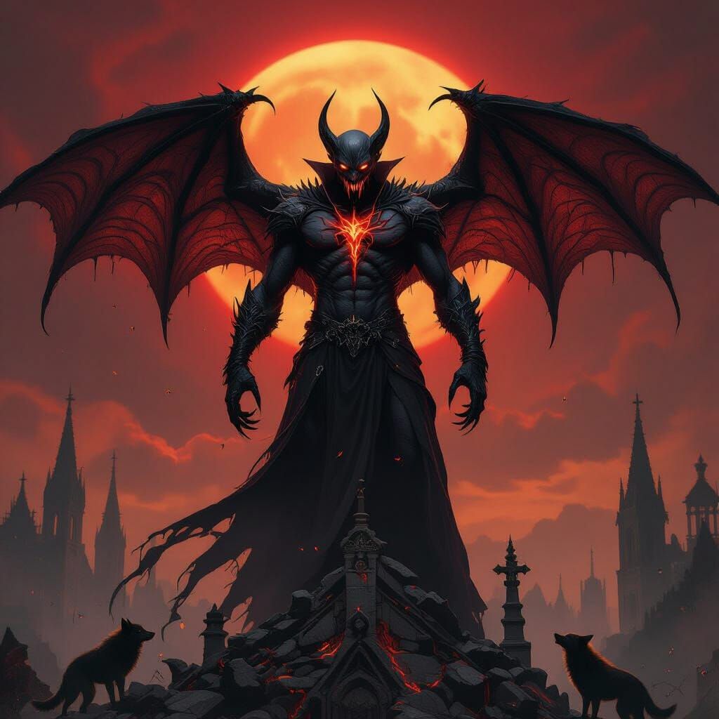 Regal dark-fantasy gothic portrait of a commanding figure with raven-black hair cascading over shoulders, glowing enigmatic eyes, poised bet... - Start Image 1