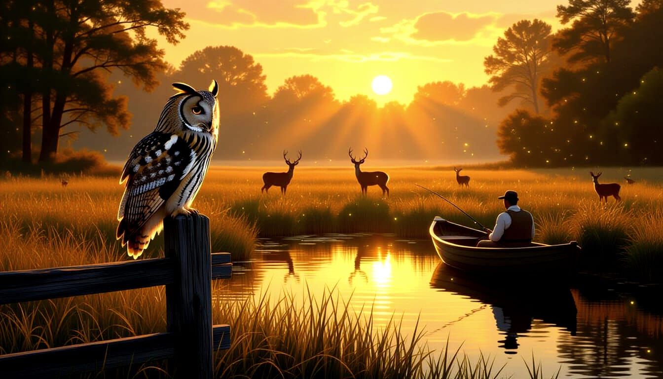 Golden Hour Owl Over Meadow, Painterly Realism Style