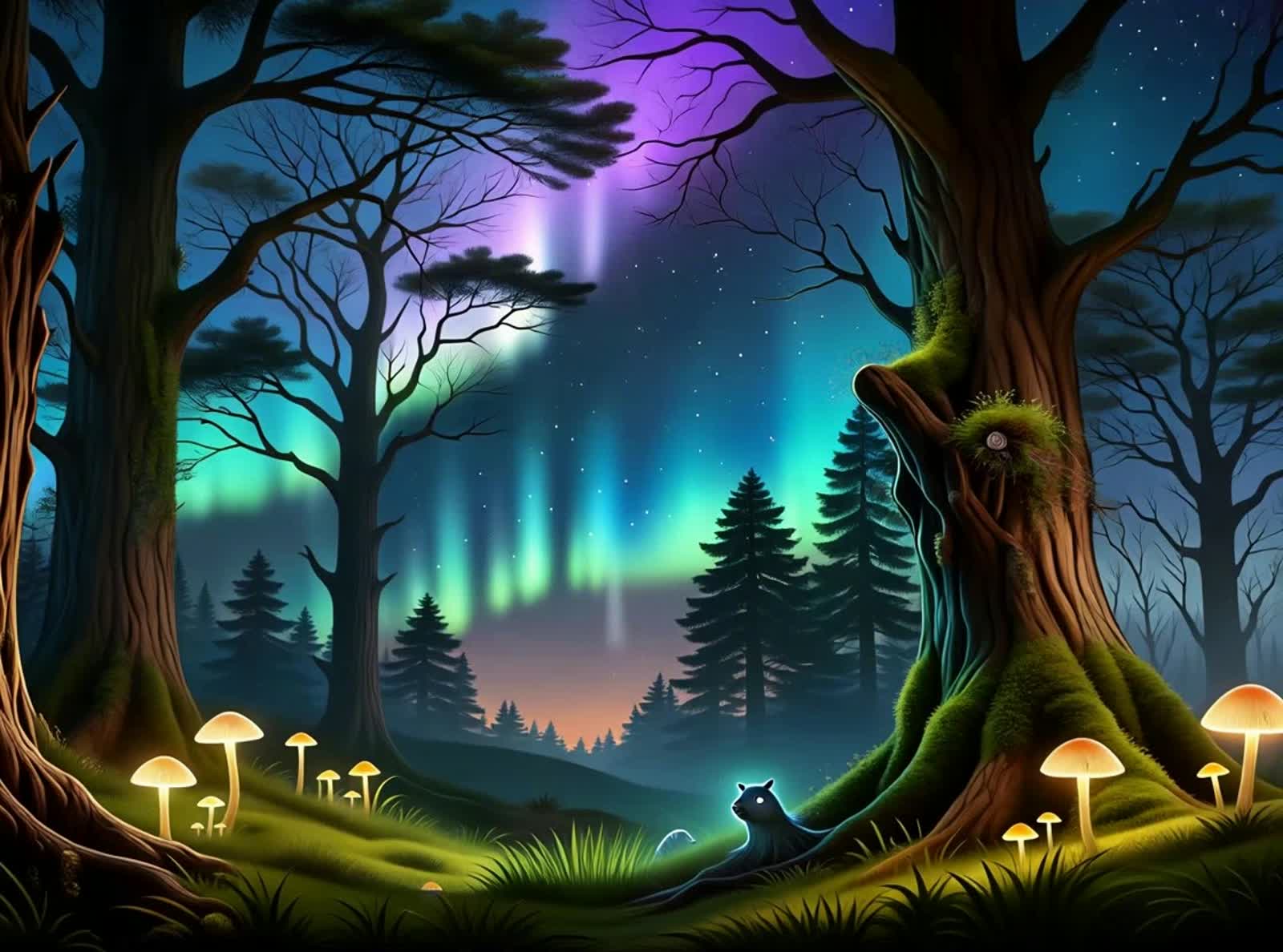 A mystical forest at twilight, where the ancient trees are silhouetted against a sky ablaze with the ethereal glow of a ...