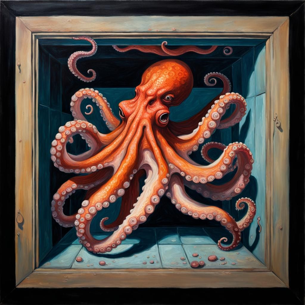 Giant octopus squeezing through a square opening