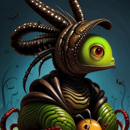 a painting of a bug sitting on top of a vegetable, a surrealist painting, by Android Jones, zbrush central contest winne...