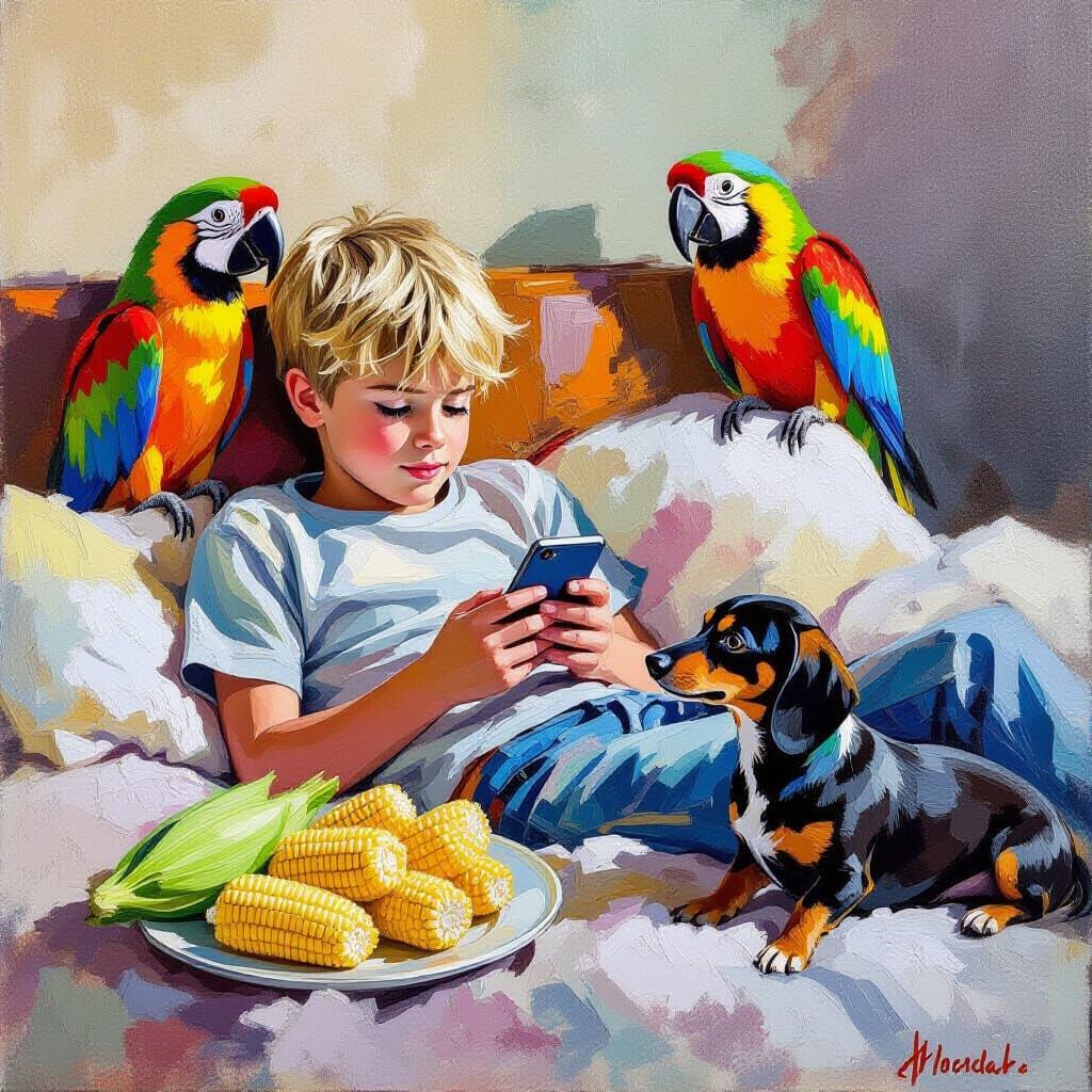 Boy with Phone, Parrots and Dog as Impasto Painting