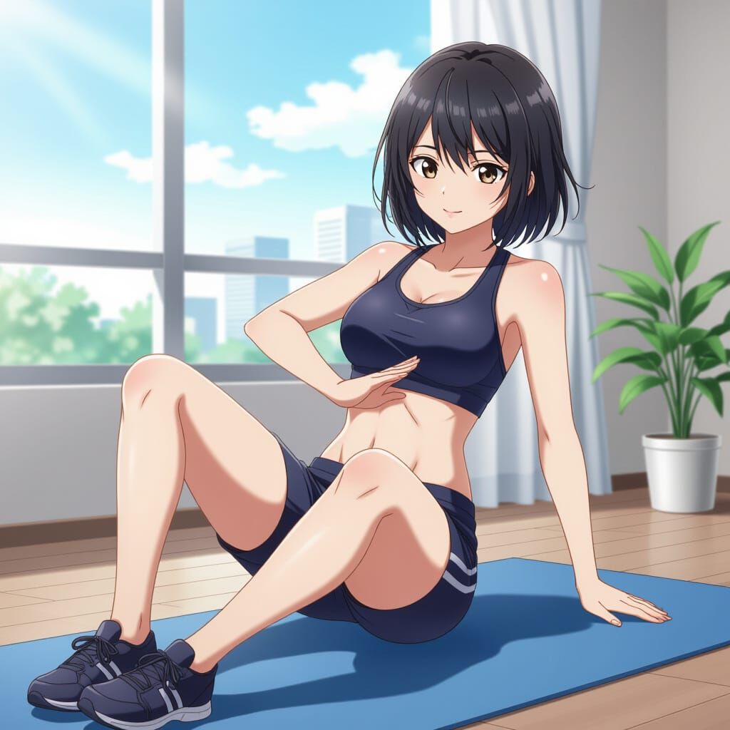 Anime Woman Exercising in Sports Outfit
