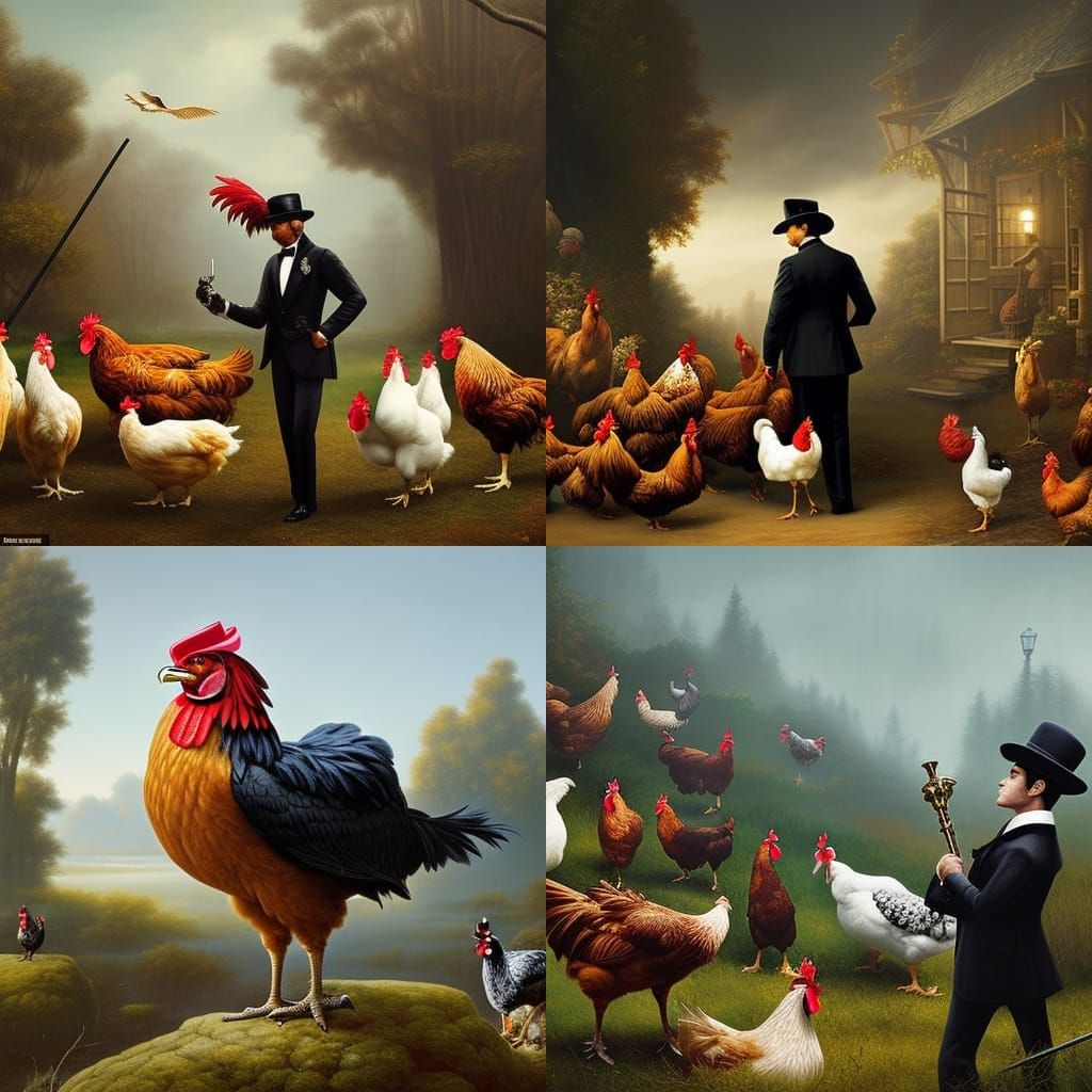 Large, stately, exquisite chicken in a tuxedo jacket with a cane