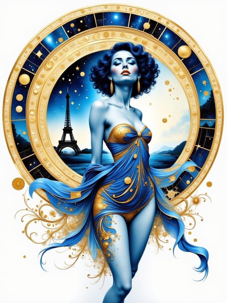 Woman in Silk Amidst Starry Night Sky