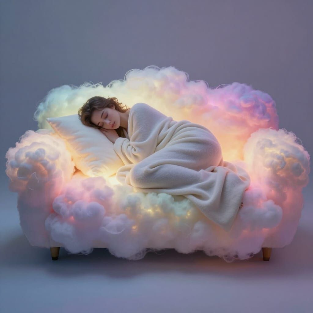 Woman Sleeping on Dreamy Cloud Sofa in Ethereal Light