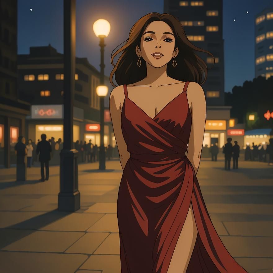 WOMAN IN A RED EVENING GOWN.