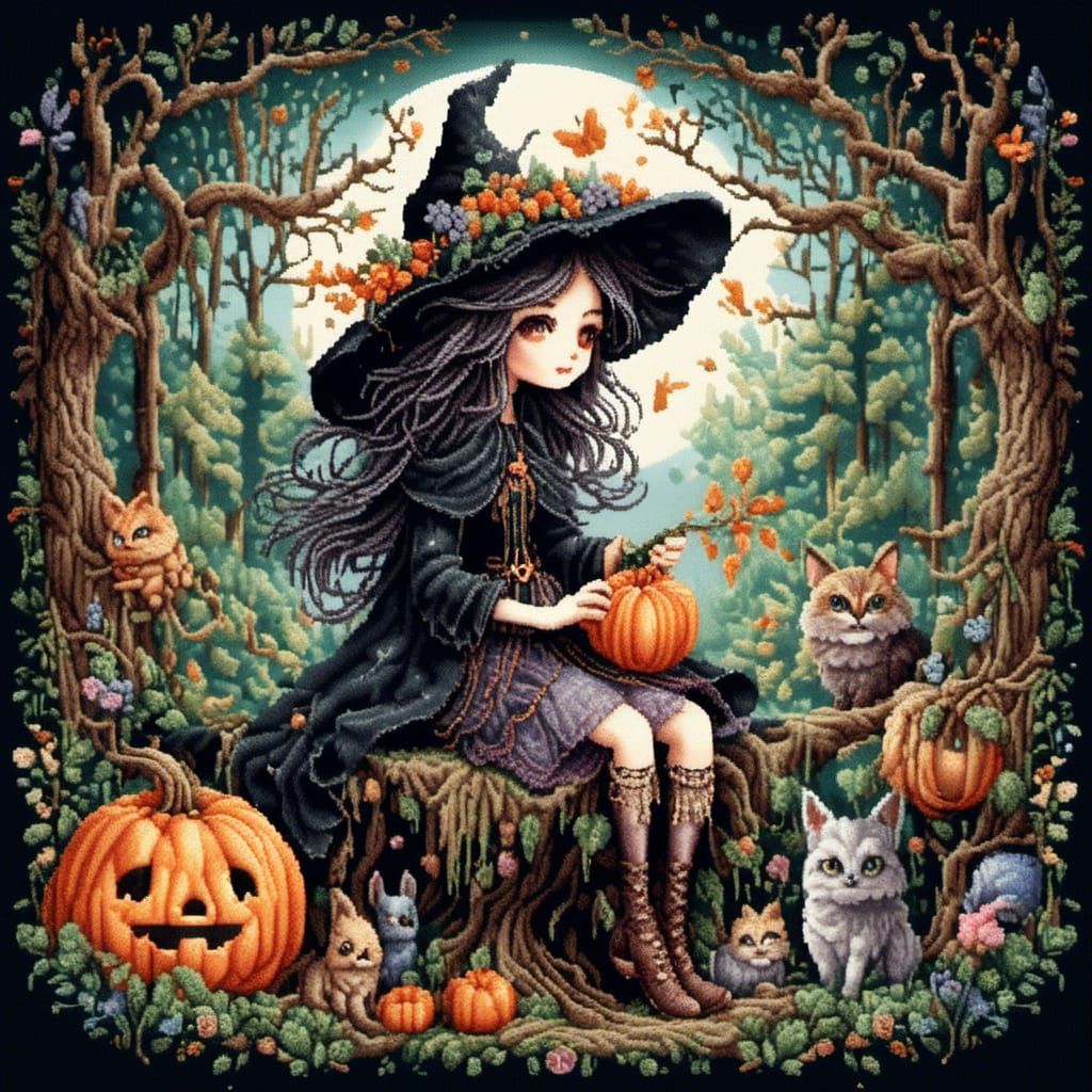 <lora:Cross Stitch:1.0> Beautiful stunning cross stitch cute adorable little chibi antique witch in a magical forest beautiful stunning cros...