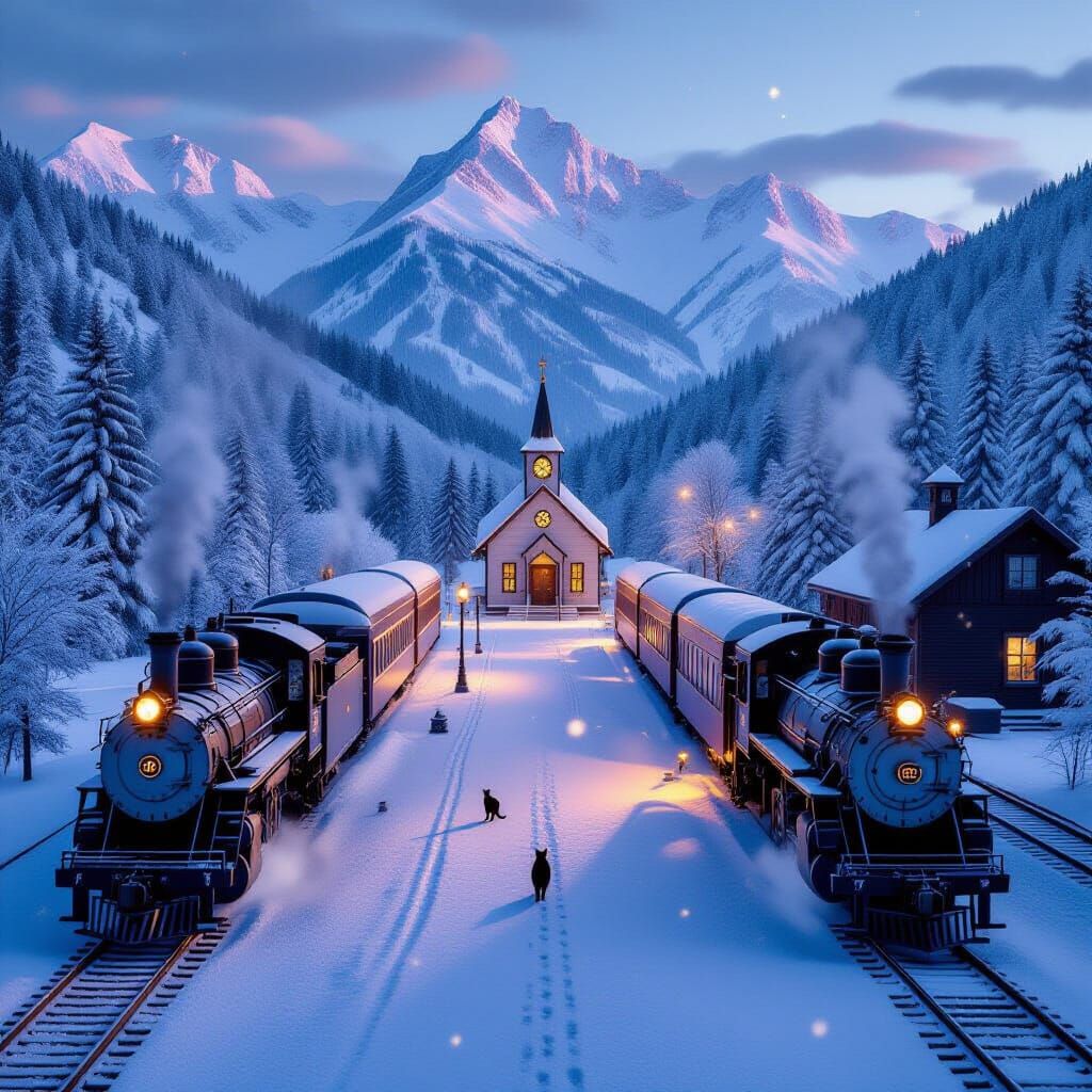 A hyper-realistic, highly detailed winter scene viewed from above. At the foot of majestic snow-covered mountains stands an old train depot ...
